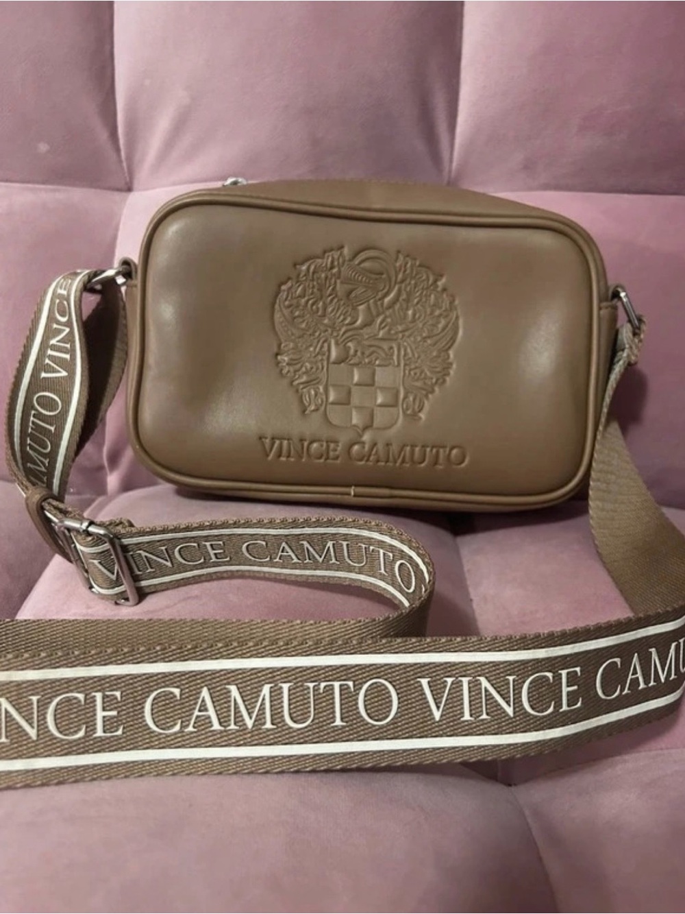 Vince Camuto Taupe Brown Leather Embossed Crest Camera Bag with Logo Strap